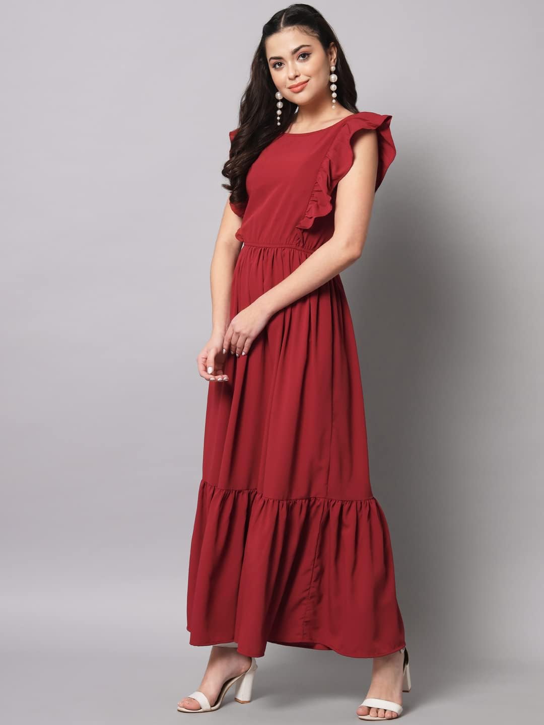 Long red dress with ruffled sleeves