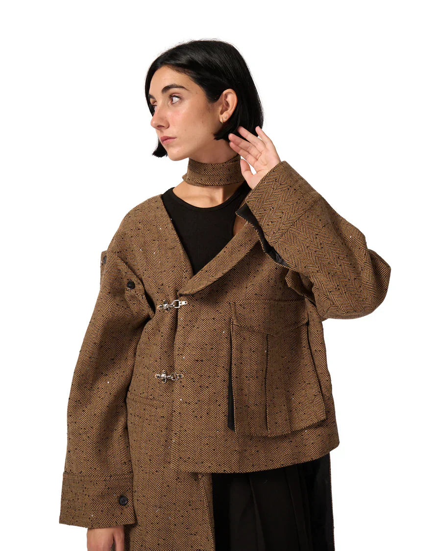 Brown asymmetrical long coat with large pocket