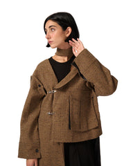 Brown asymmetrical long coat with large pocket