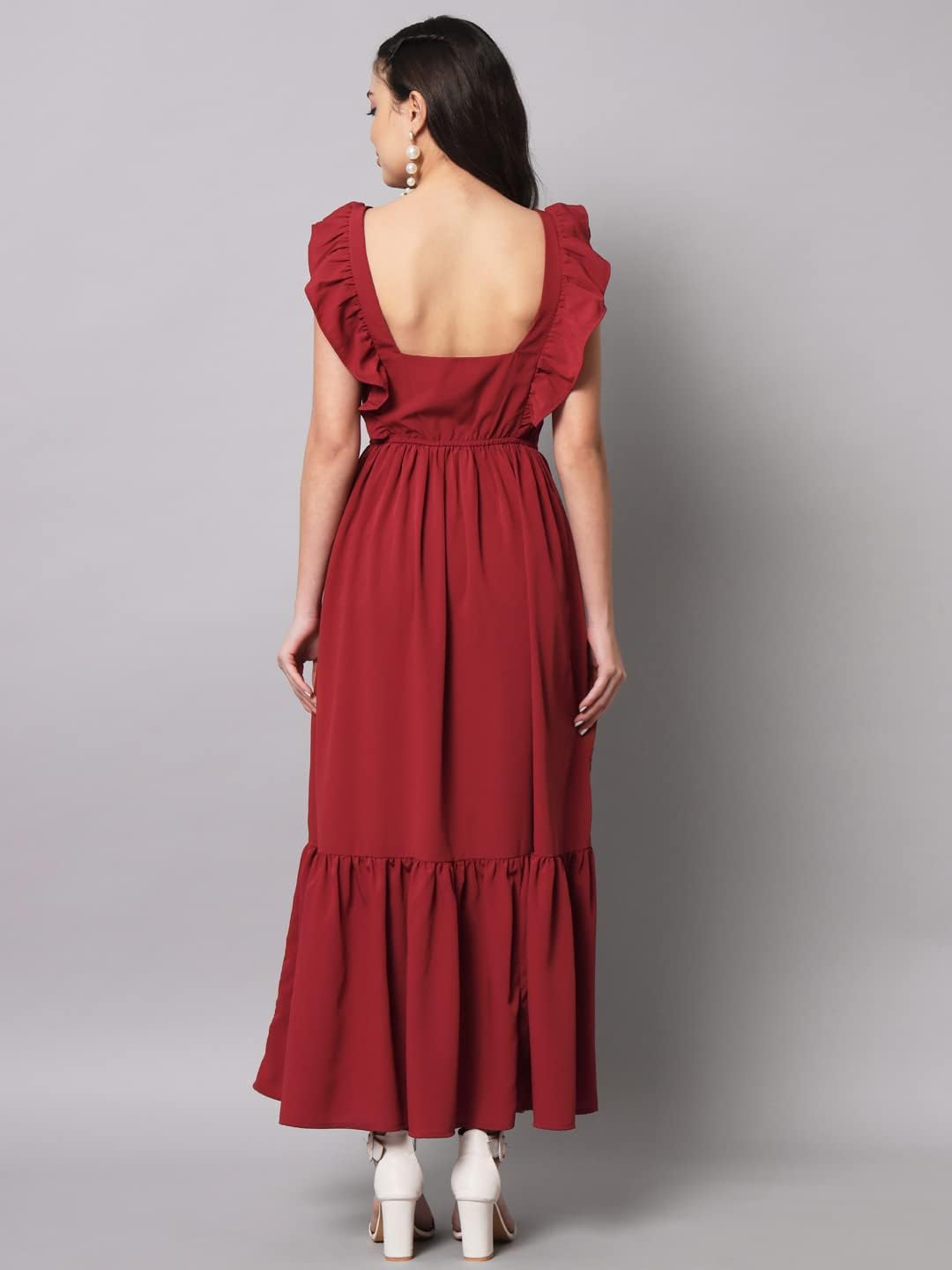 Long red dress with ruffled sleeves