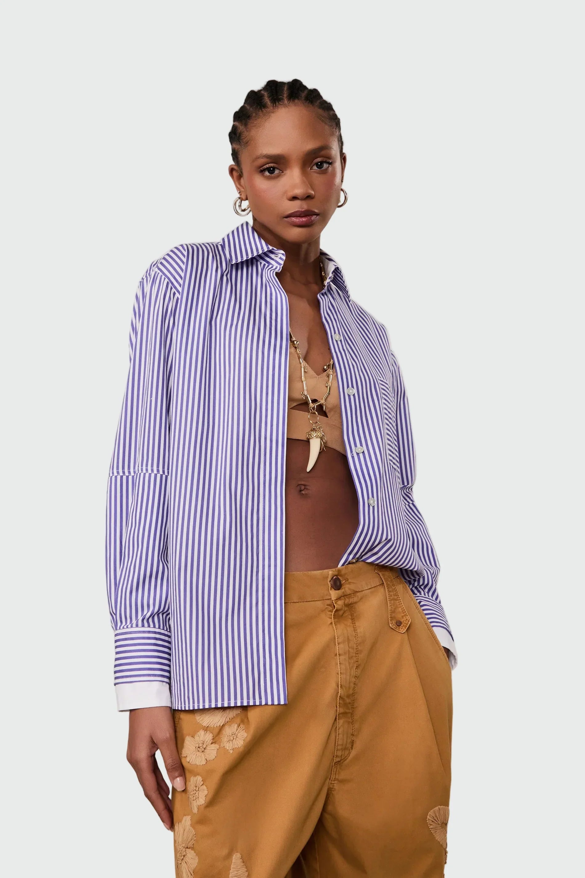 Blue striped oversized shirt with contrast cuffs