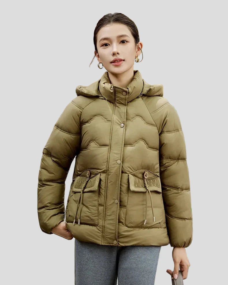 Puffer jacket with hood and drawstring pockets