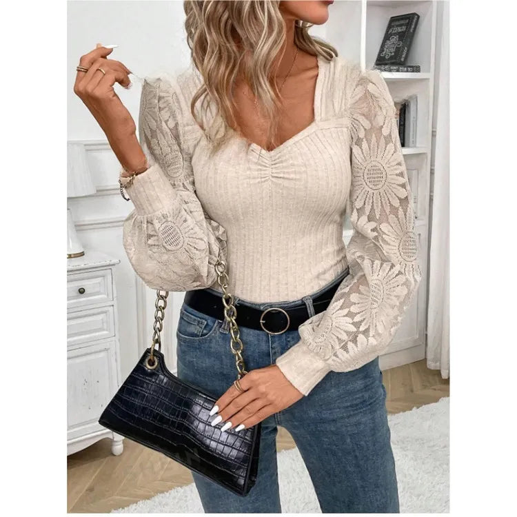 Beige ribbed sweetheart top with floral sheer sleeves