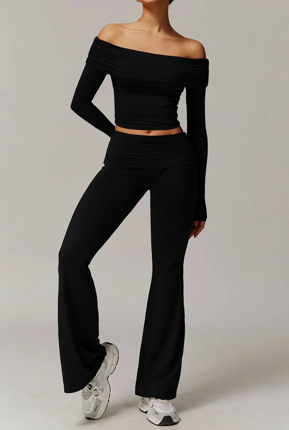 Off-the-shoulder set with flared pants