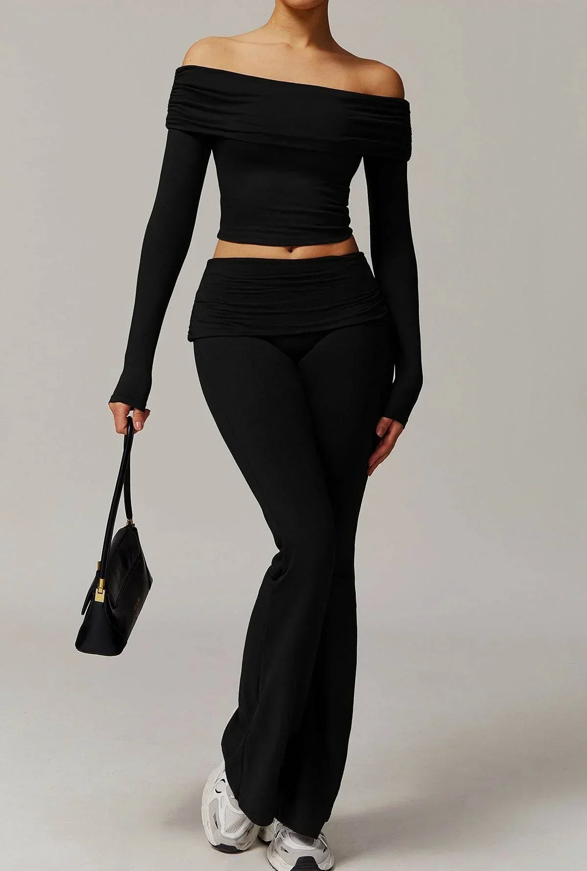 Off-the-shoulder set with flared pants
