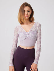Floral patterned crop top with mesh sleeves