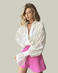 Satin blouse with button closure and balloon sleeves