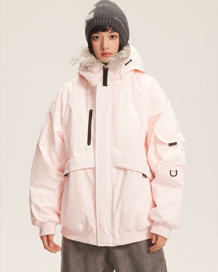 Pink parka with hood and faux fur