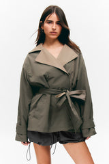 Khaki short trench jacket with tie belt and contrast collar
