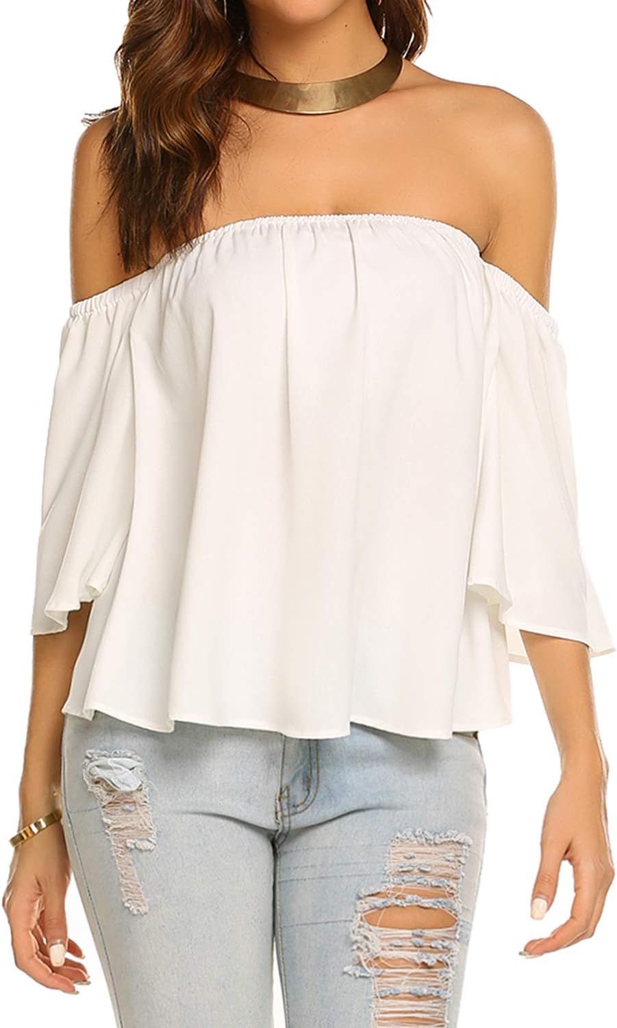 Off-the-shoulder blouse with wide sleeves