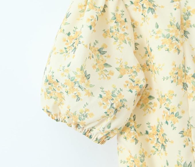 Yellow floral print mini dress with puff sleeves