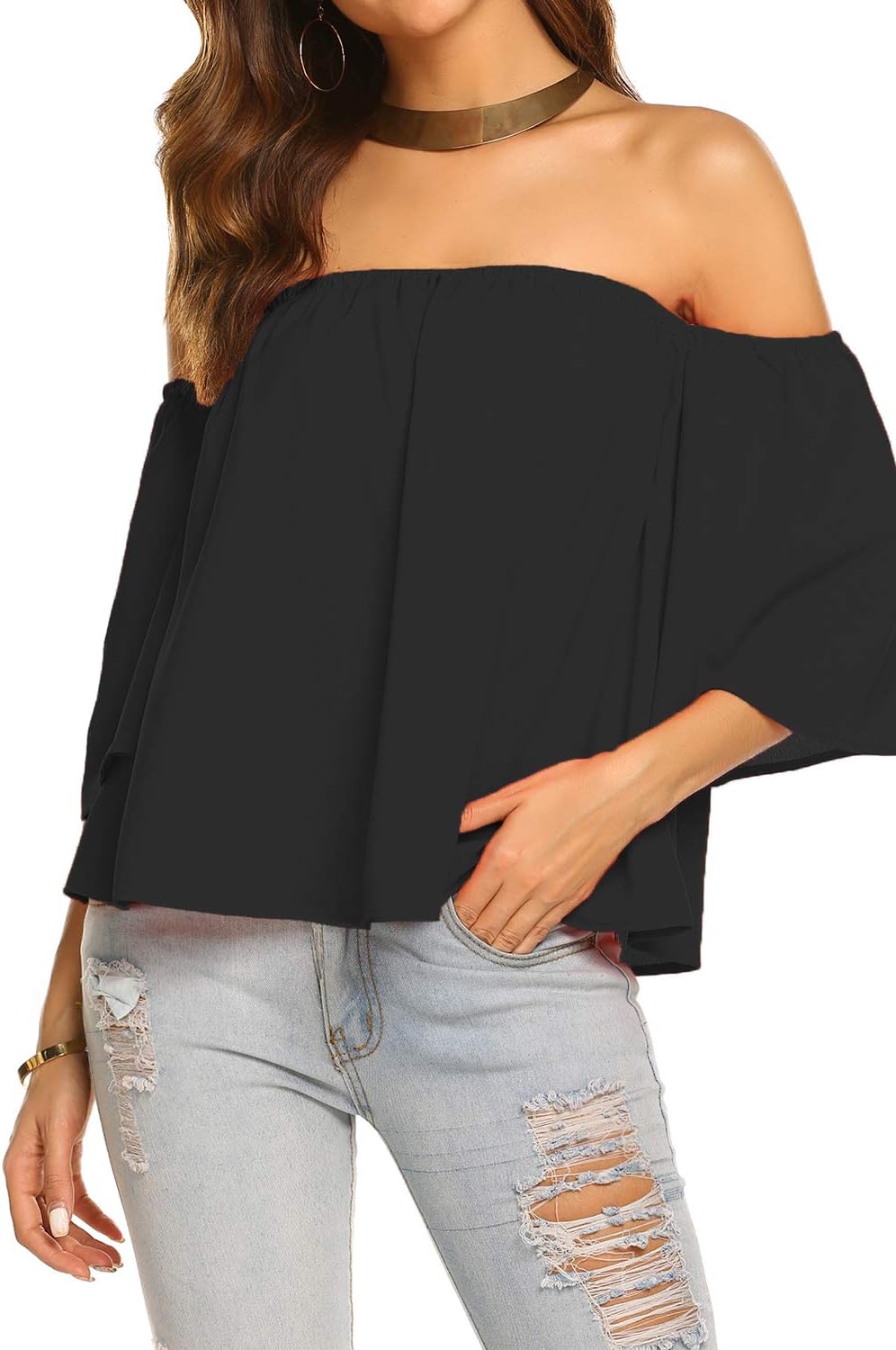 Off-the-shoulder blouse with wide sleeves