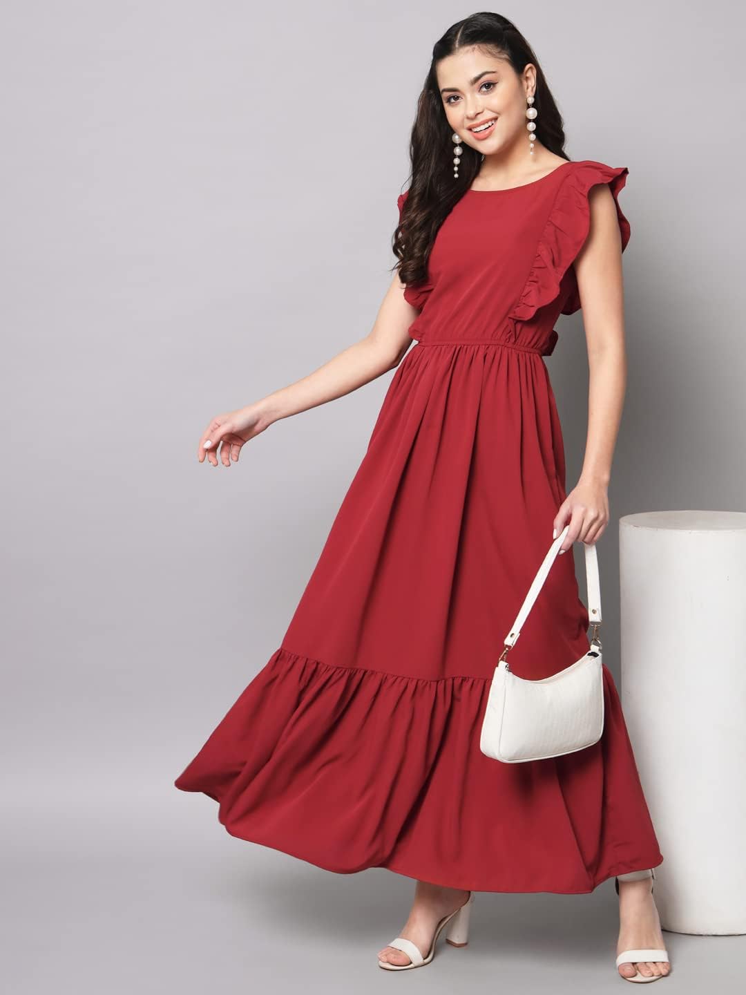 Long red dress with ruffled sleeves