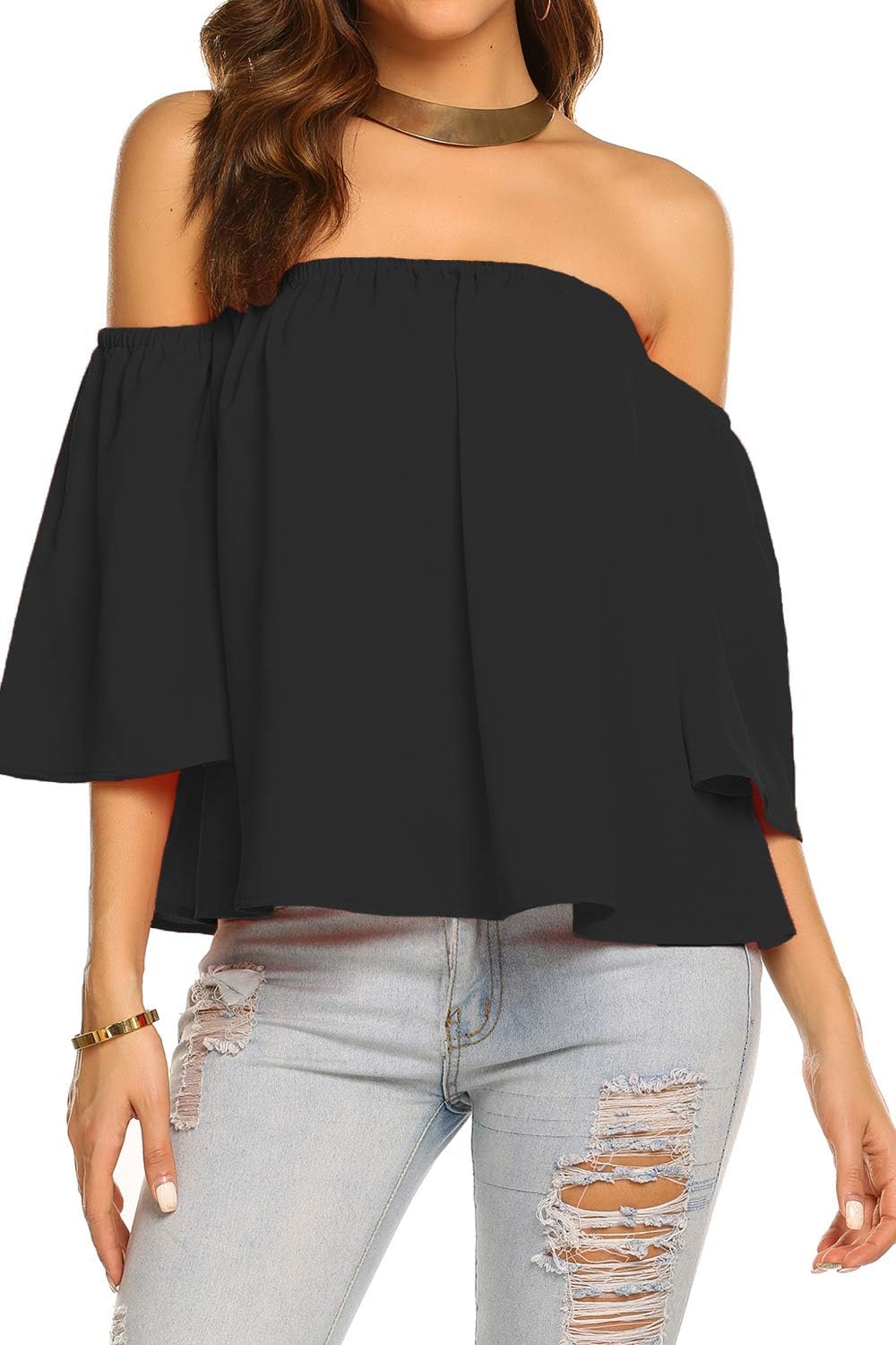 Off-the-shoulder blouse with wide sleeves