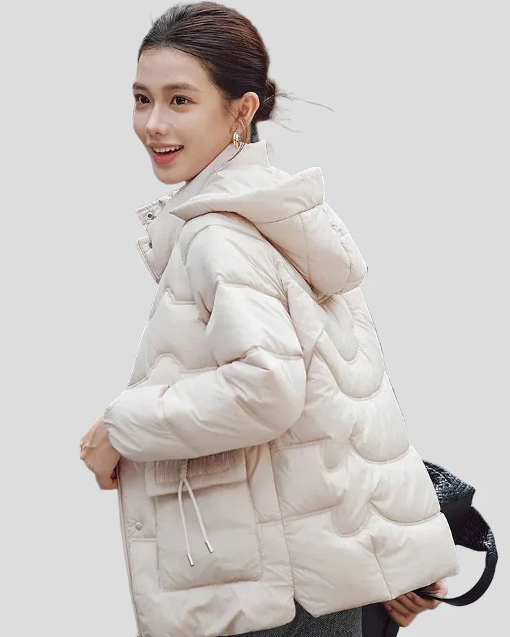 Puffer jacket with hood and drawstring pockets