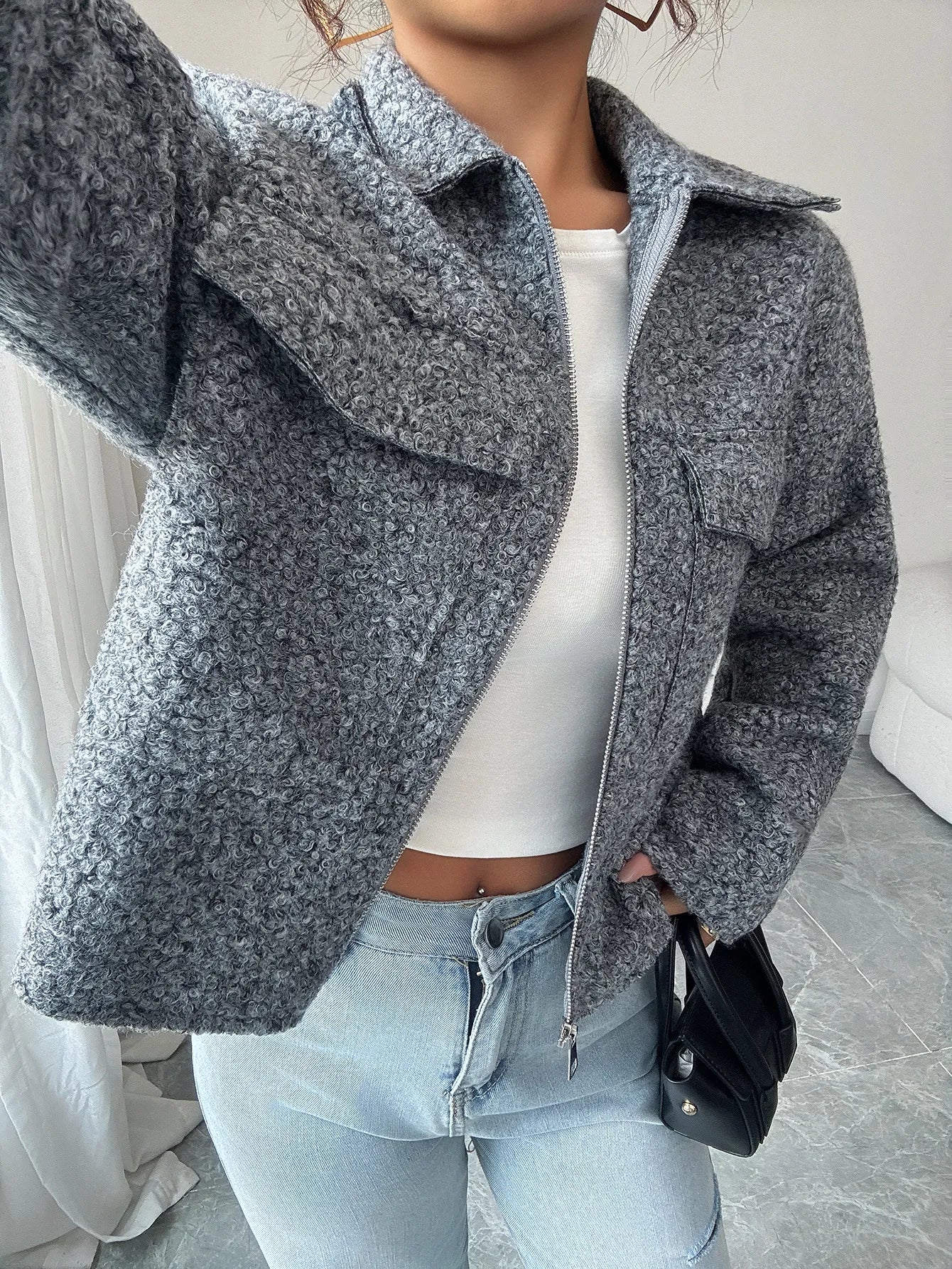 Gray textured zip-up shirt jacket