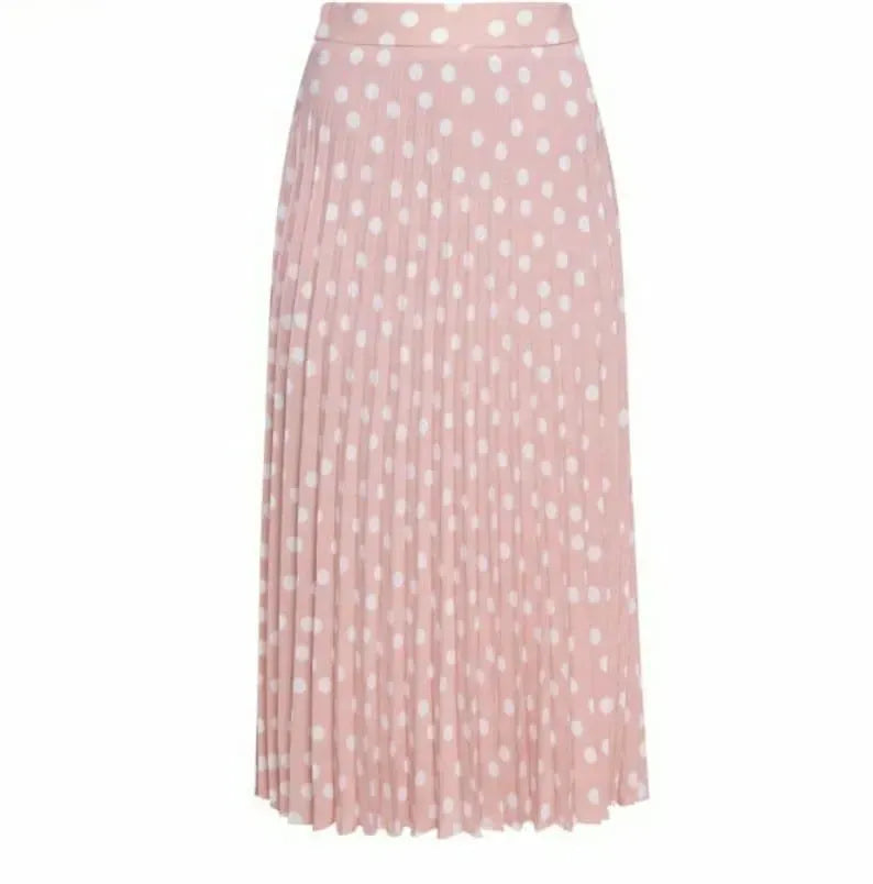 Pink pleated skirt with white polka dots
