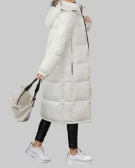 Long puffer coat with hood and high collar