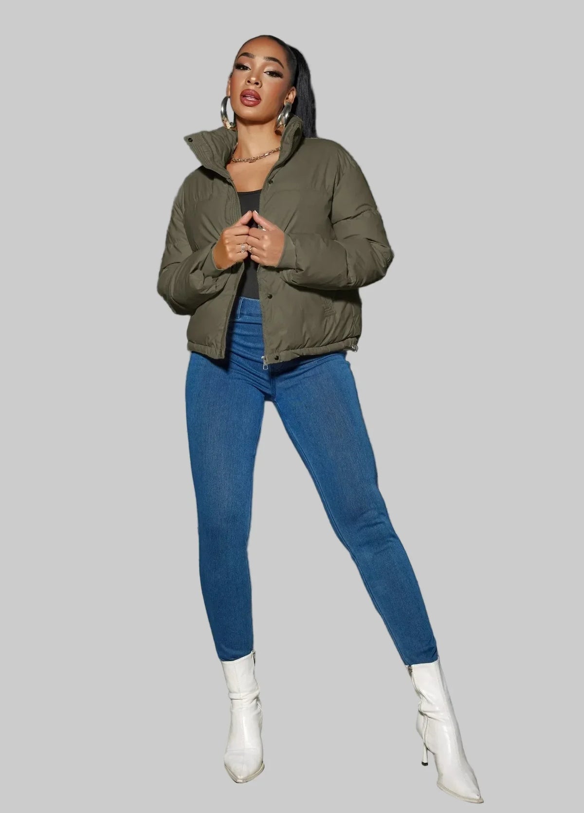Short puffer jacket with stand-up collar