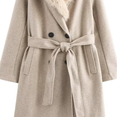 Oatmeal färg päls ull lång kappa