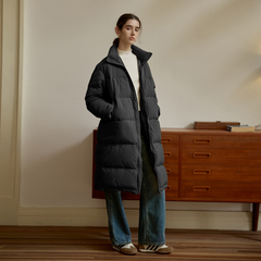 Long quilted coat with stand-up collar