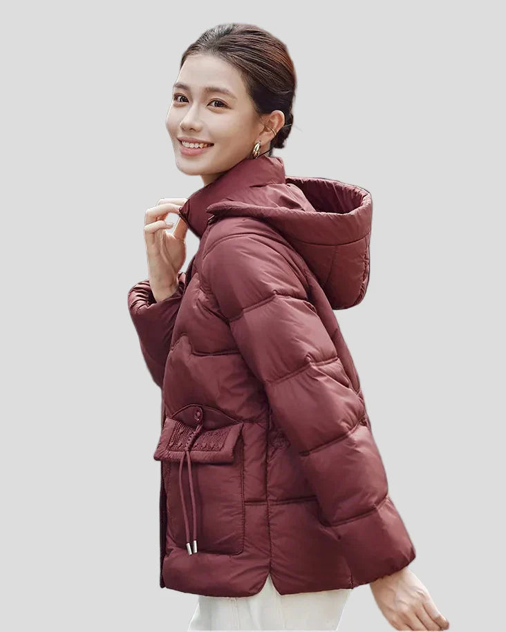 Puffer jacket with hood and drawstring pockets