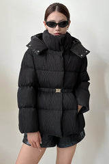 Puffer jacket with waist belt and high stand-up collar