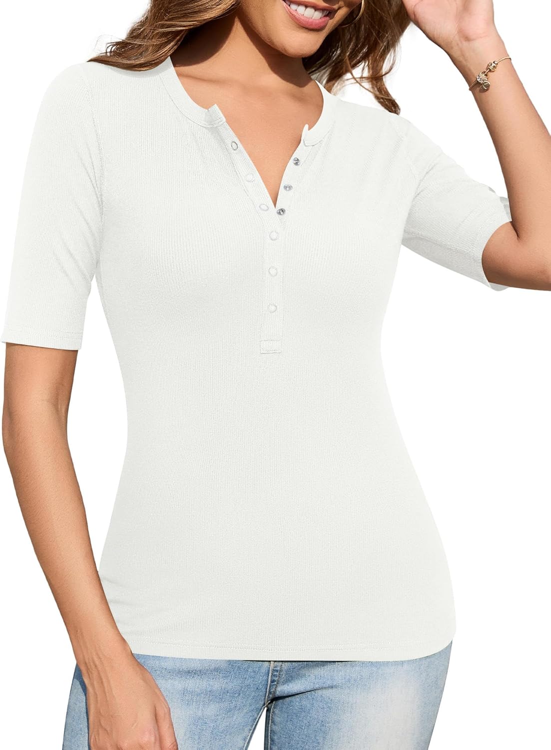 Ribbed top with button details and mid-length sleeves