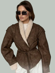 Brown wrap jacket with tie belt and soft edge