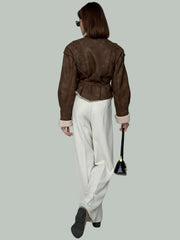 Brown wrap jacket with tie belt and soft edge
