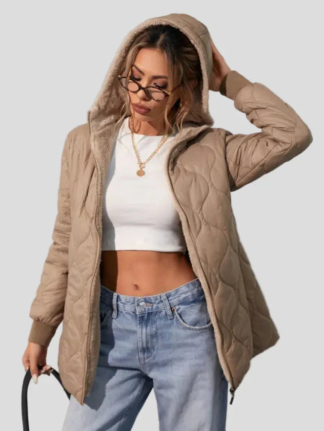 Quilted mid-length jacket with soft collar — front zip