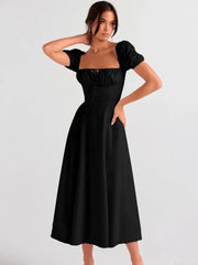 Black evening dress with puffed sleeves