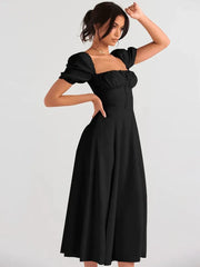 Black evening dress with puffed sleeves