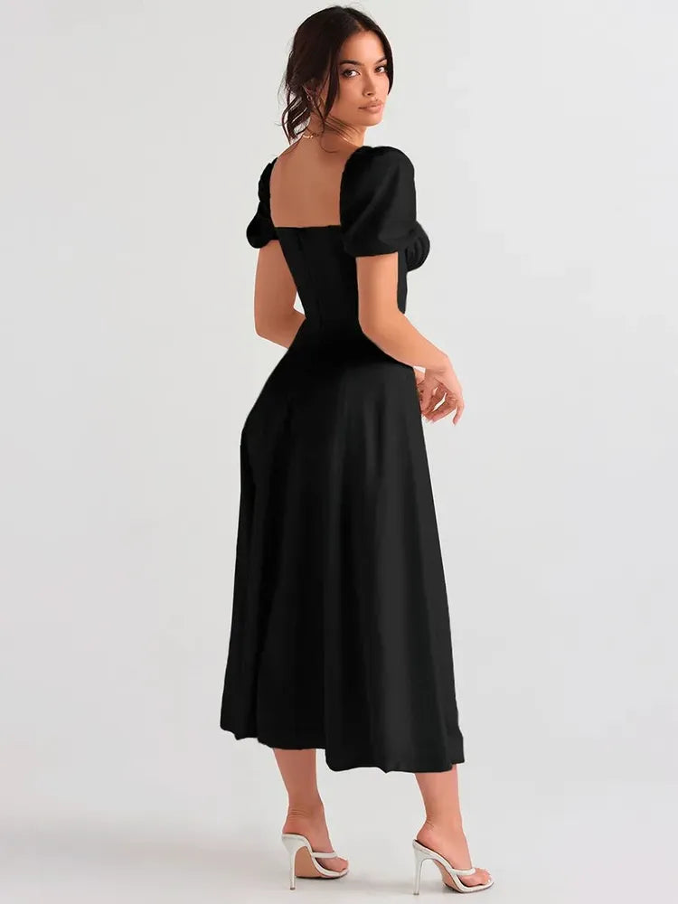 Black evening dress with puffed sleeves