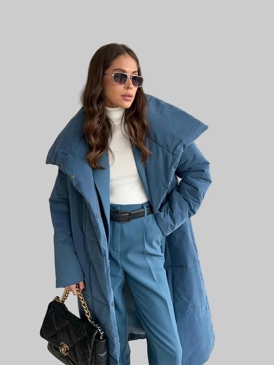 Long wrap puffer coat with belt and large shawl collar