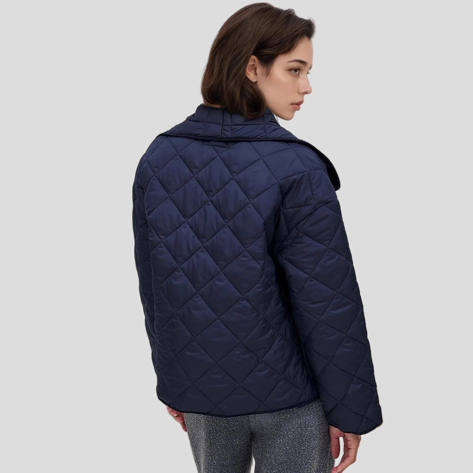Navy quilted jacket with oversized shawl collar