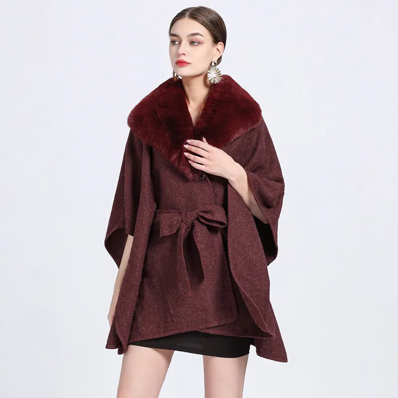 Cape with tie belt and fluffy shawl collar