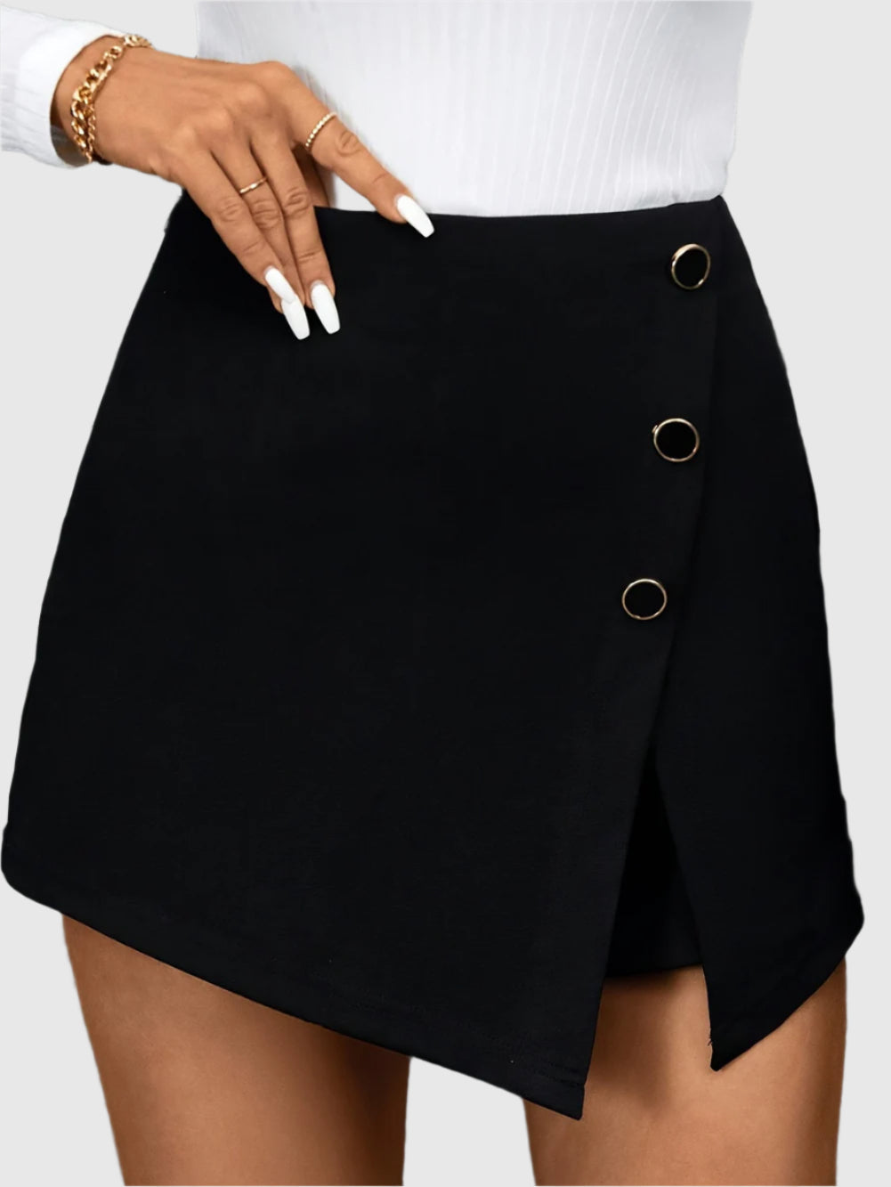 Black asymmetrical skirt with buttons
