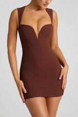 Brown plunge-neck bodycon mini dress