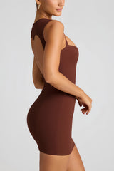Brown plunging neckline mini dress