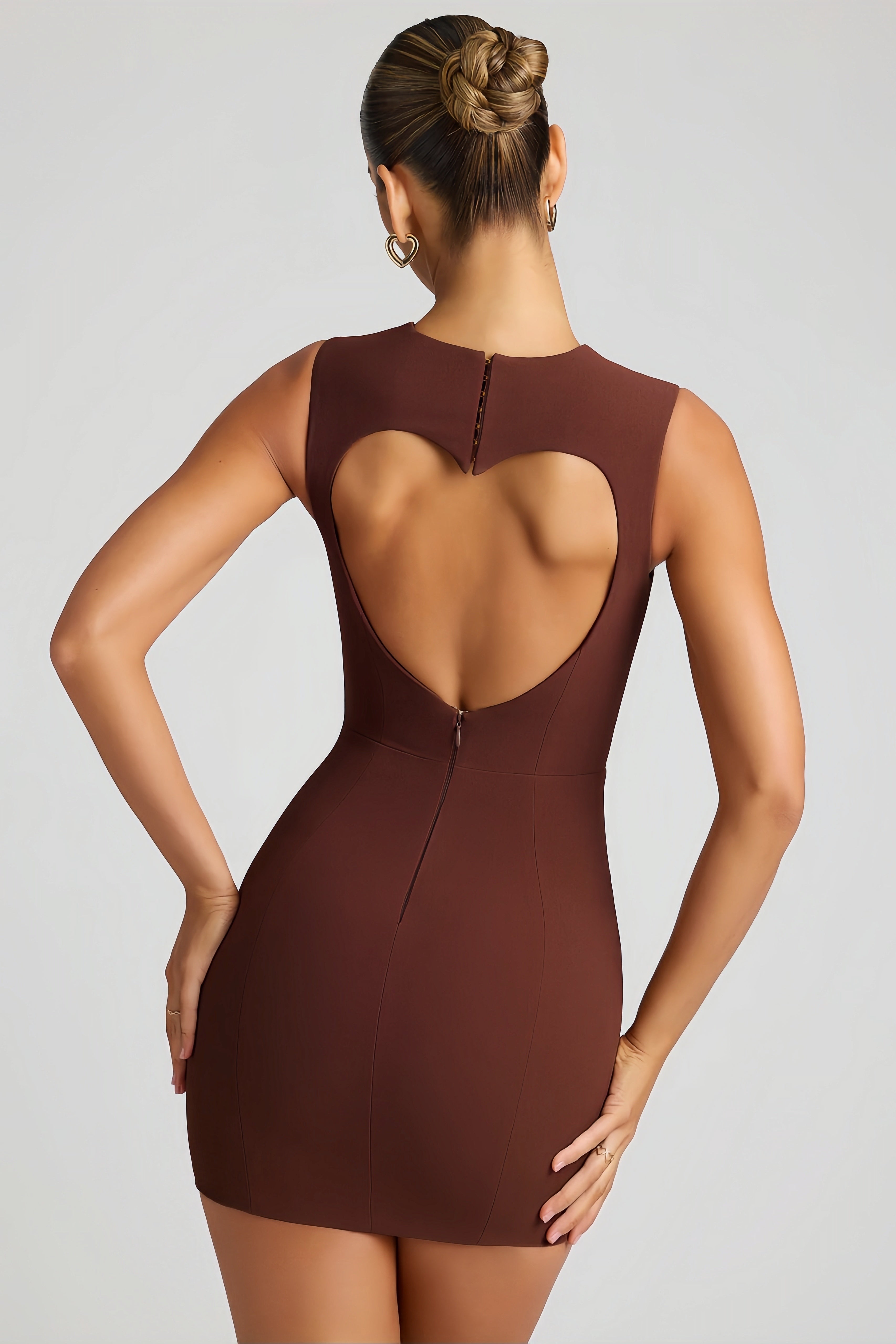 Brown plunging neckline mini dress