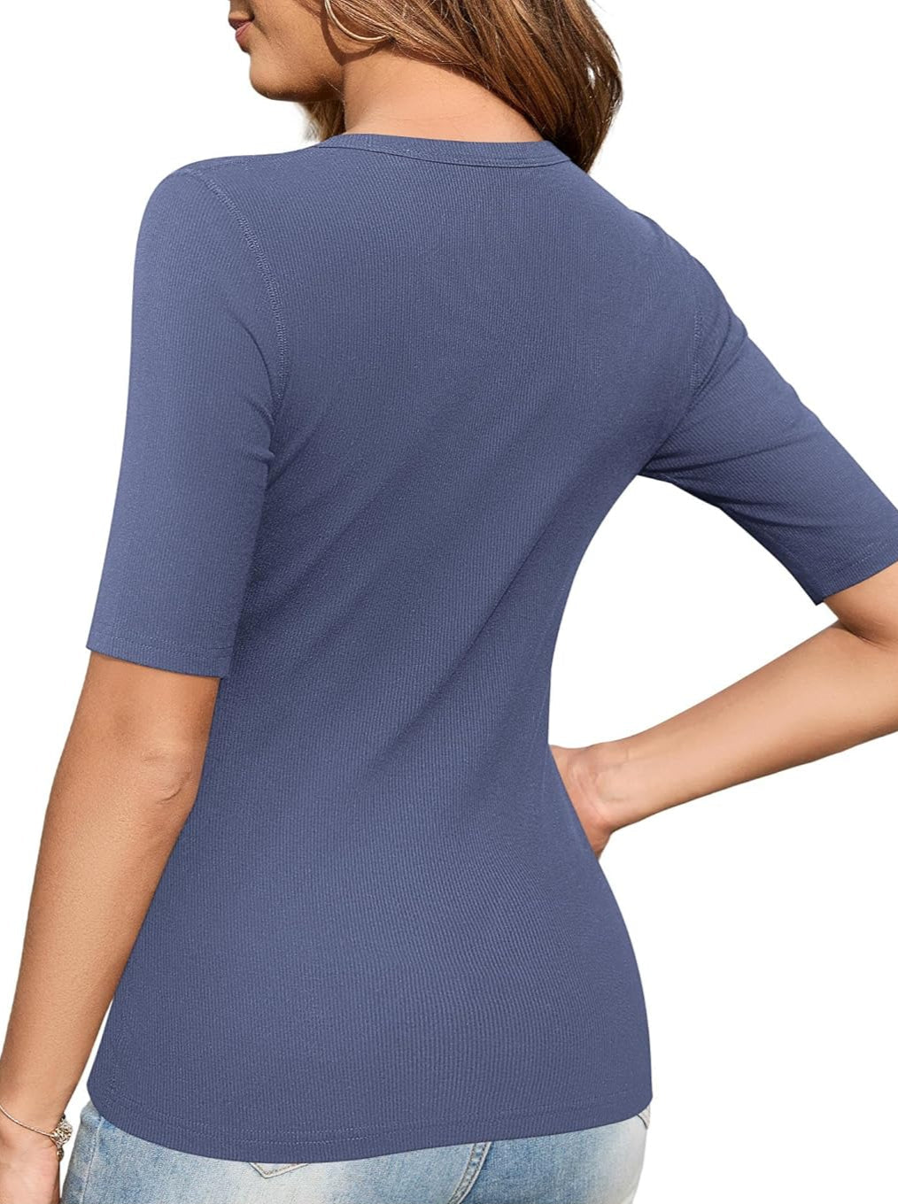 Ribbed top with button details and mid-length sleeves