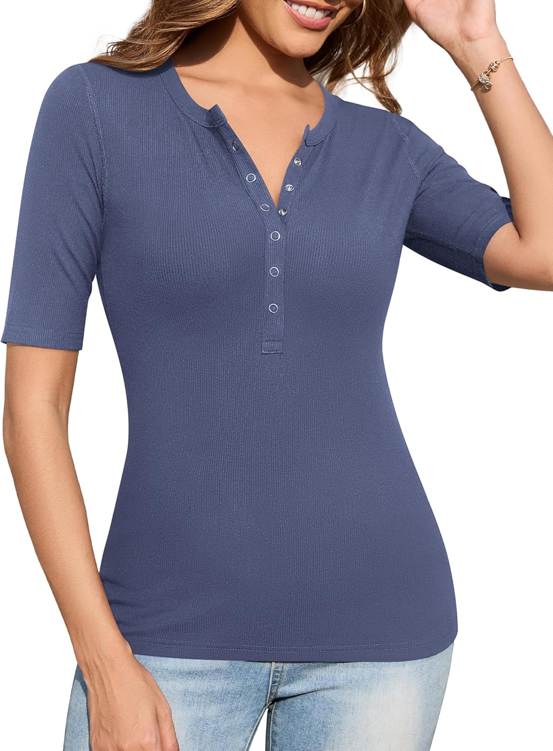 Ribbed top with button details and mid-length sleeves