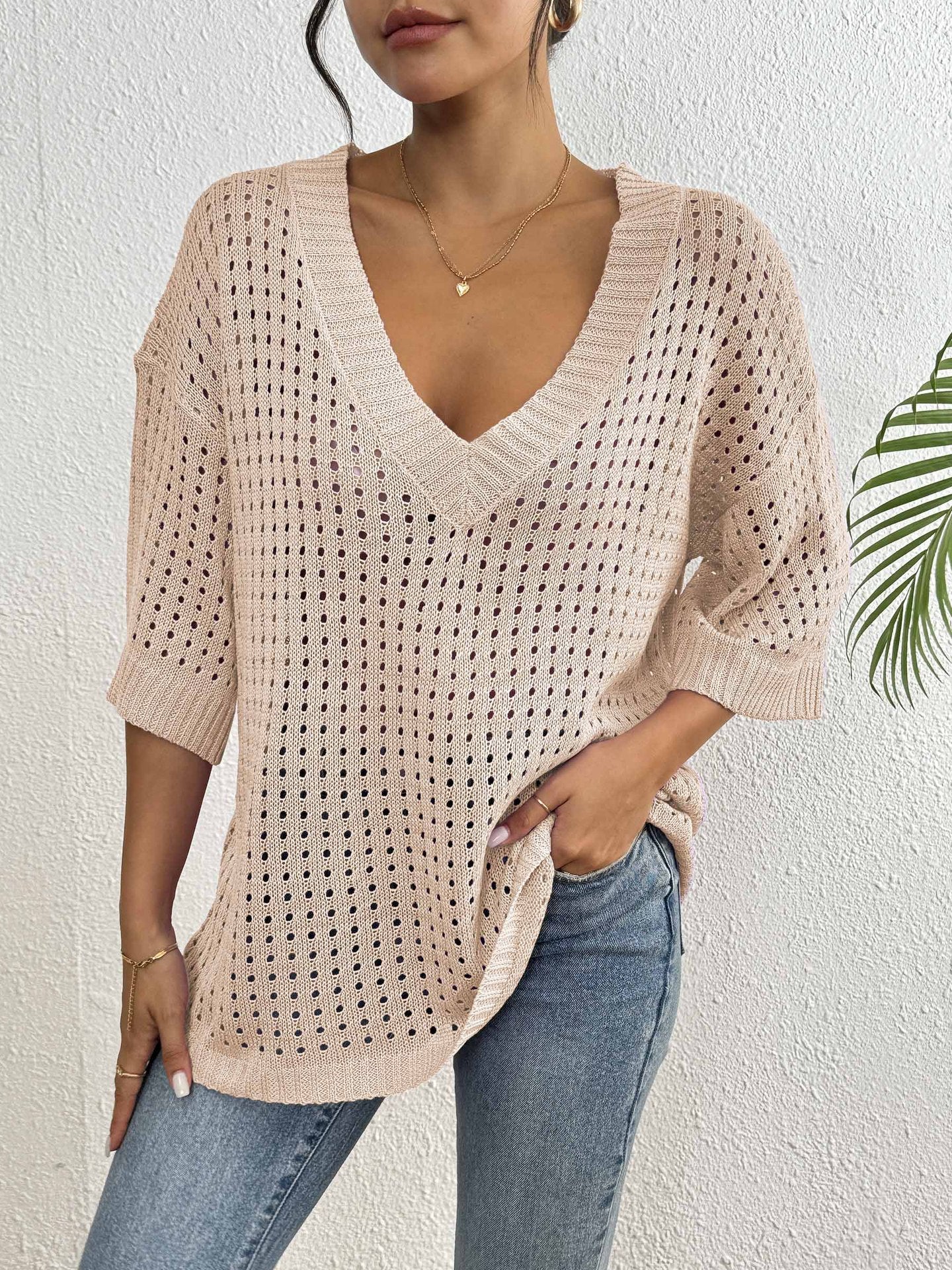 Blus ihålig vävd V-ringning