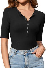 Ribbed top with button details and mid-length sleeves