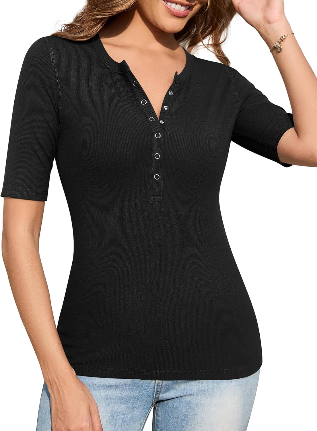 Ribbed top with button details and mid-length sleeves
