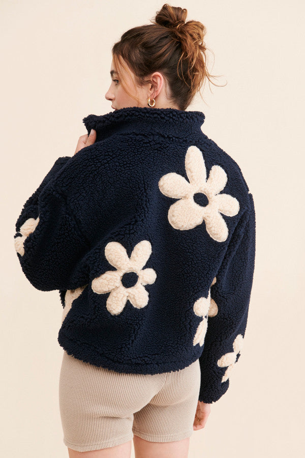 Floral zip jacket with stand-up collar