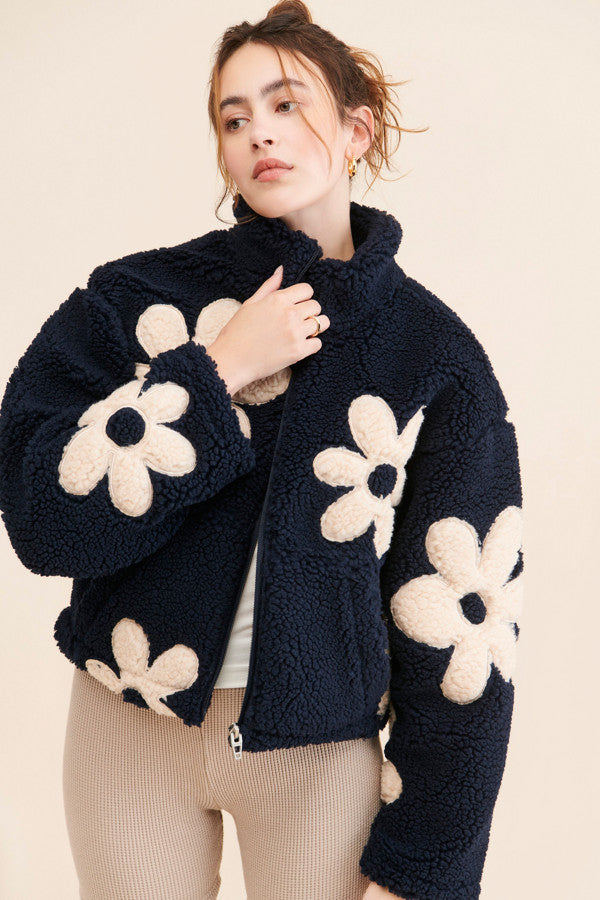Floral zip jacket with stand-up collar