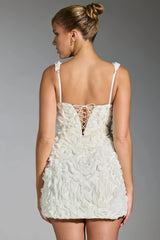 White mini dress with three-dimensional roses