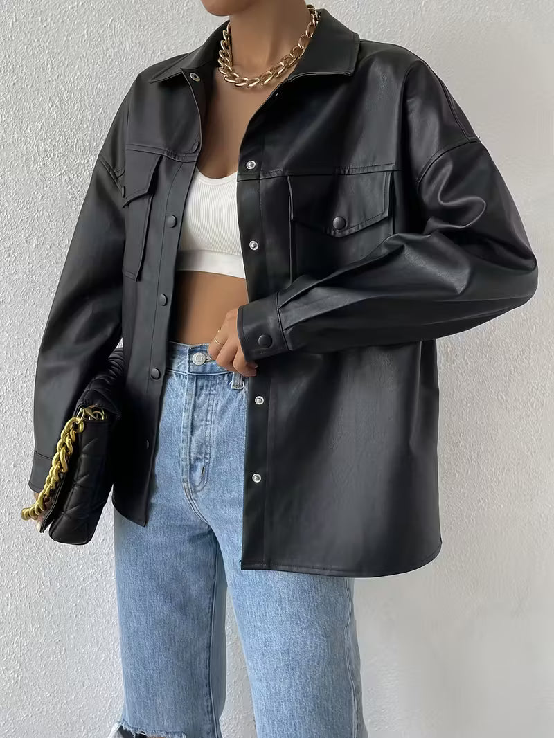 Black oversized shirt jacket with snap buttons